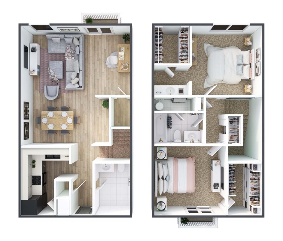 Residential Duplex 3D Floor Plan Rendering 1210 Sqft