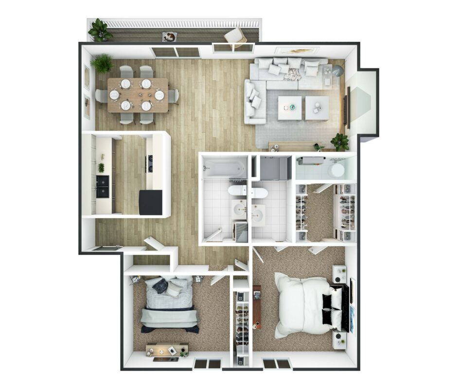 Residential 2 Bed Room 3D Floor plan 1050 Sqft