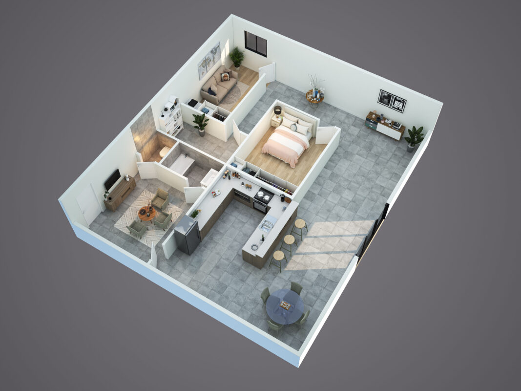 Residential Single Bed Room 3D Floor Plan Rendering